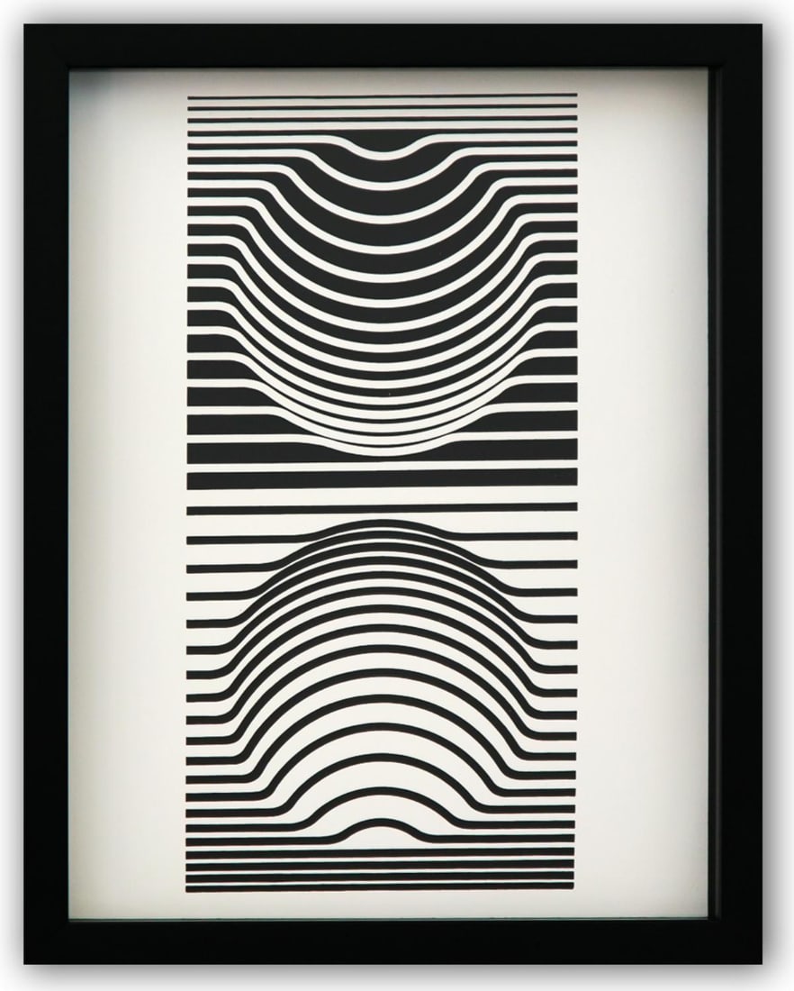 Victor Vasarely- Heliogravure Print "Untitled": Artist: Victor Vasarely. Medium: Heliogravure Print. Title: Untitled. Size: 14" x 11". Measures approx. 15" x 12" (framed). Additional: Custom Framed. Reference#: 21579.