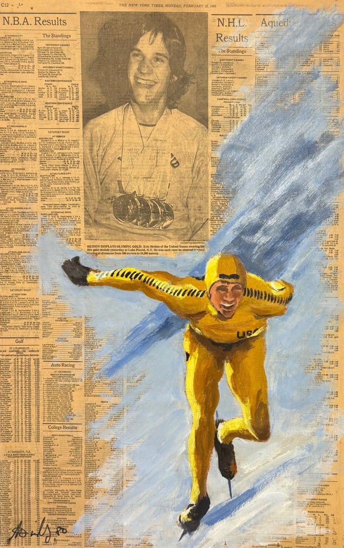 Myer Berkowitz- Original painting on vintage newspaper: Artist: Myer Berkowitz. Medium: Original painting on vintage newspaper. Size: 14" x 24". Signature: Hand Signed. Additional: Dated 1980 newspaper mounted on panel board.. Reference#: A-30878.