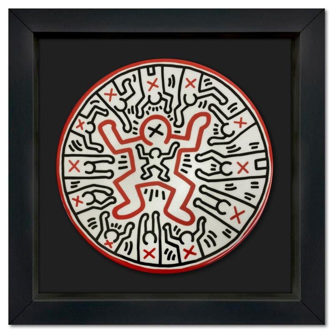 Keith Haring (1958-1990), "Enfant" Framed Limoges Porcelain Plate.: Enfant is a Limoges porcelain plate bearing the plate signature inverso of Keith Haring (1958-1990). This plate is custom framed and floated on linen. Measures approx. 13.5" x 13.5" (frame), 8.5" (pla