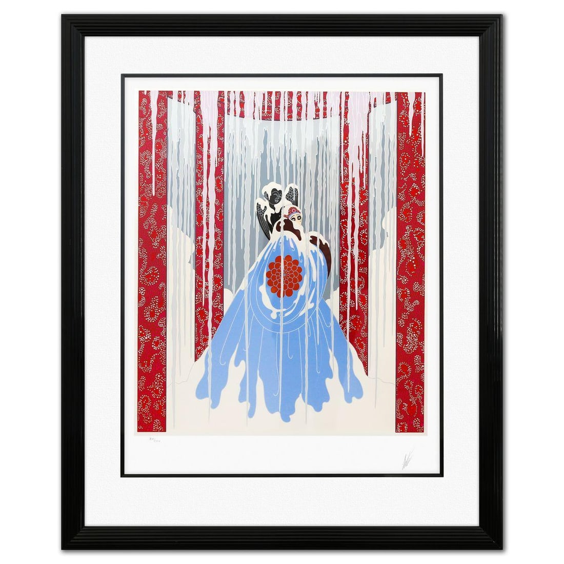 Erte- Screenprint in colors "Love Captive": Artist: Erte. Medium: Screenprint in colors. Title: Love Captive. Size: 30" x 24". Measures approx. 40" x 34" (framed). Signature: Hand signed and numbered. Certificate of Authenticity: Is included. A