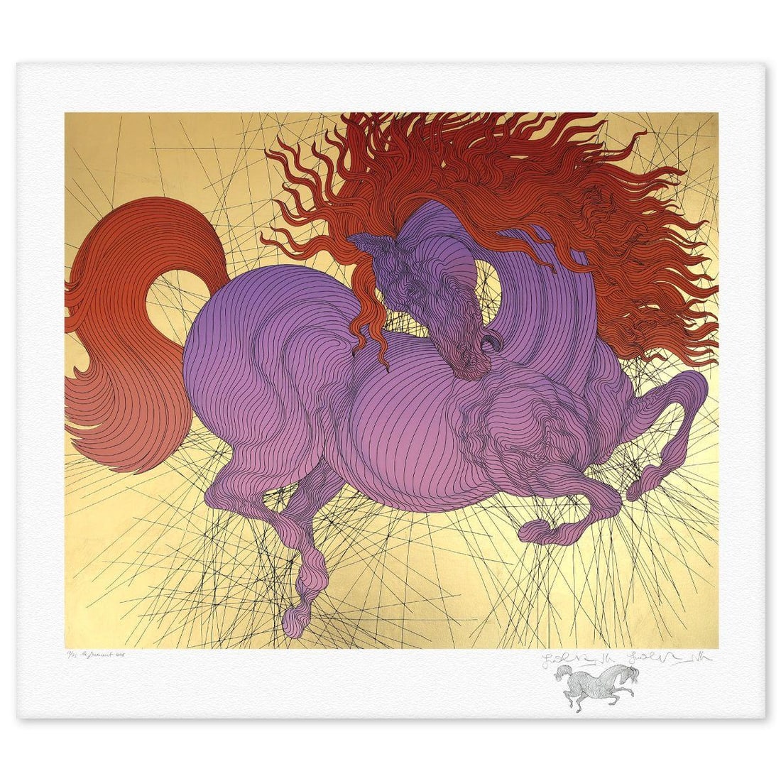 Guillaume Azoulay- Gold Leaf Silkscreen with Remarque "La Jument": Artist: Guillaume Azoulay. Medium: Gold Leaf Silkscreen with Remarque. Title: La Jument. Size: 35" x 40". Signature: Hand Signed and Numbered. Certificate of Authenticity: Is included. Reference#: 815