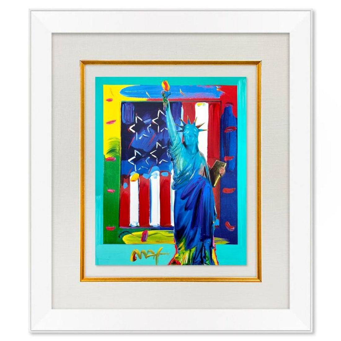 Peter Max, "Full Liberty with Flag" Framed One-of-a-Kind Mixed Media, Hand Signed with Registration (1 of 2)