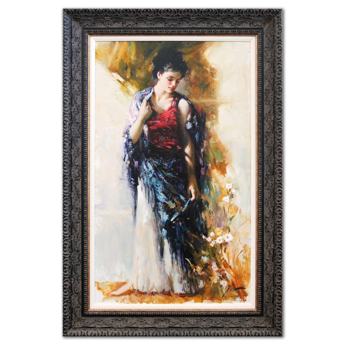 Pino- Original Oil Painting on Canvas "Country Girl": Artist: Pino. Medium: Original Oil Painting on Canvas. Title: Country Girl. Size: 40" x 23". Measures approx. 49" x 32" (framed). Signature: Hand signed. Certificate of Authenticity: Is included.
