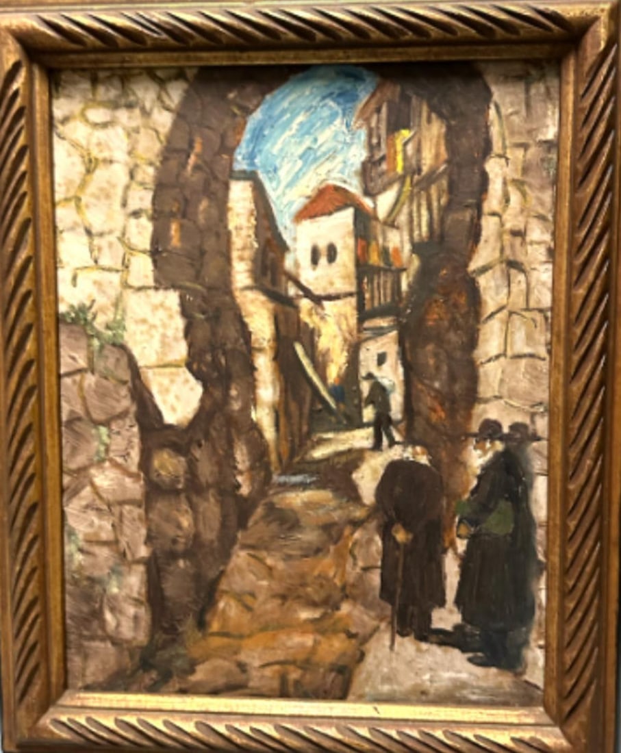Unknown- Original Painting on canvas "Jerusalem Street Scene": Artist: Unknown. Medium: Original Painting on canvas. Title: Jerusalem Street Scene. Measures approx. 18" x 20" (framed). Reference#: 45532.