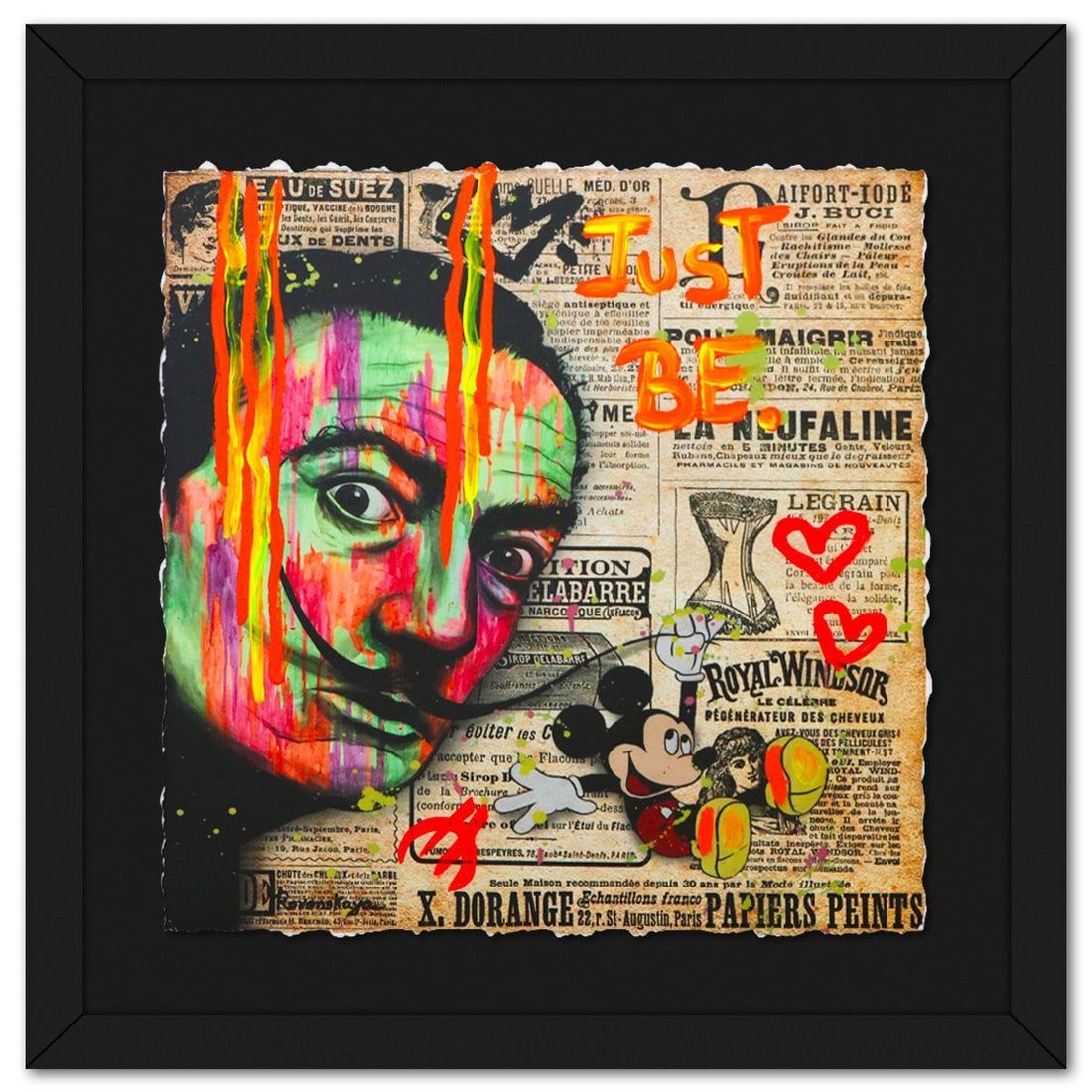 Nastya Rovenskaya- Original Mixed Media on Deckle Edge Paper "Playing His Mustache II": Artist: Nastya Rovenskaya. Medium: Original Mixed Media on Deckle Edge Paper. Title: Playing His Mustache II. Size: 16" x 16". Measures approx. 22" x 22" (framed). Signature: Hand Signed by the artist