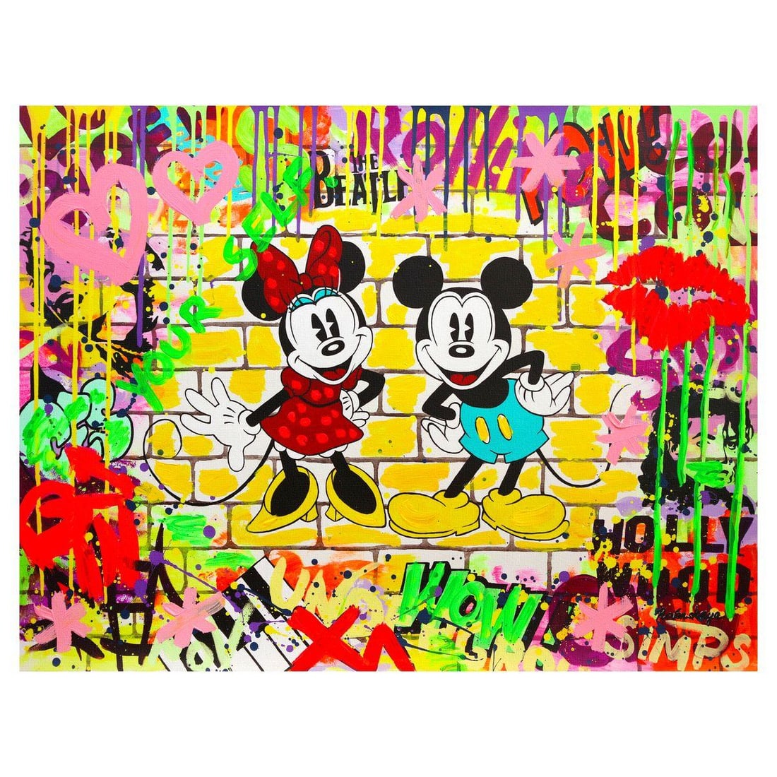 Nastya Rovenskaya- Mixed Media on Canvas "Mickey & Minnie": Artist: Nastya Rovenskaya. Medium: Mixed Media on Canvas. Title: Mickey & Minnie. Size: 30" x 40". Signature: Hand signed. Certificate of Authenticity: Is included. Reference#: 49439.