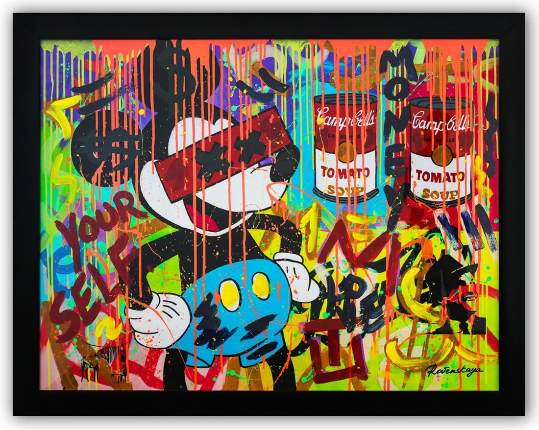 Nastya Rovenskaya- Original Mixed Media on Paper "MiKaws": Artist: Nastya Rovenskaya. Medium: Original Mixed Media on Paper. Title: MiKaws. Size: 38" x 50". Measures approx. 44" x 56" (framed). Signature: Hand Signed by the artist. Certificate of Authenticity