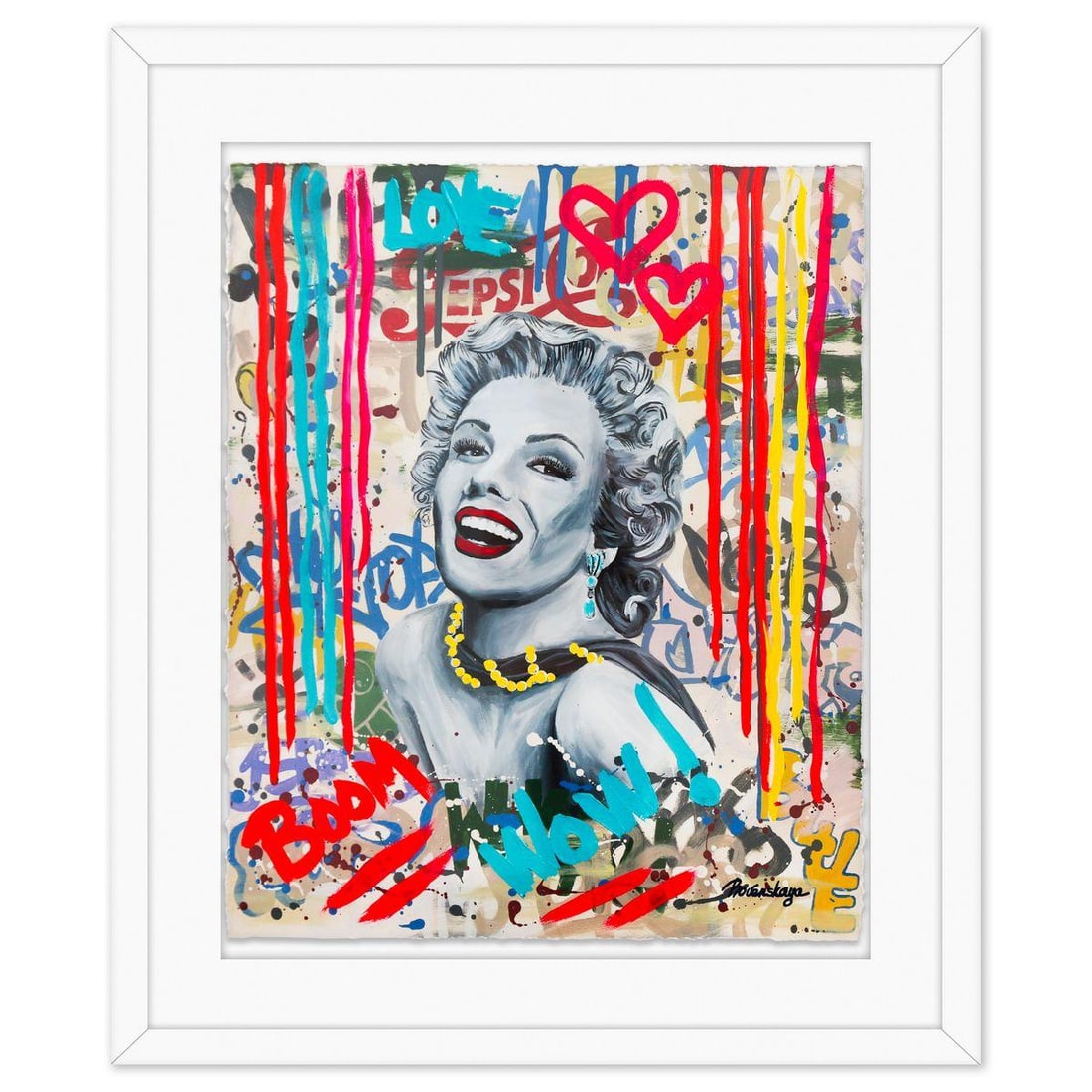 Nastya Rovenskaya- Original Mixed Media on Deckle Edge Paper "Smile": Artist: Nastya Rovenskaya. Medium: Original Mixed Media on Deckle Edge Paper. Title: Smile. Size: 30" x 24". Measures approx. 40" x 34" (framed). Signature: Hand Signed. Certificate of Authenticity: I