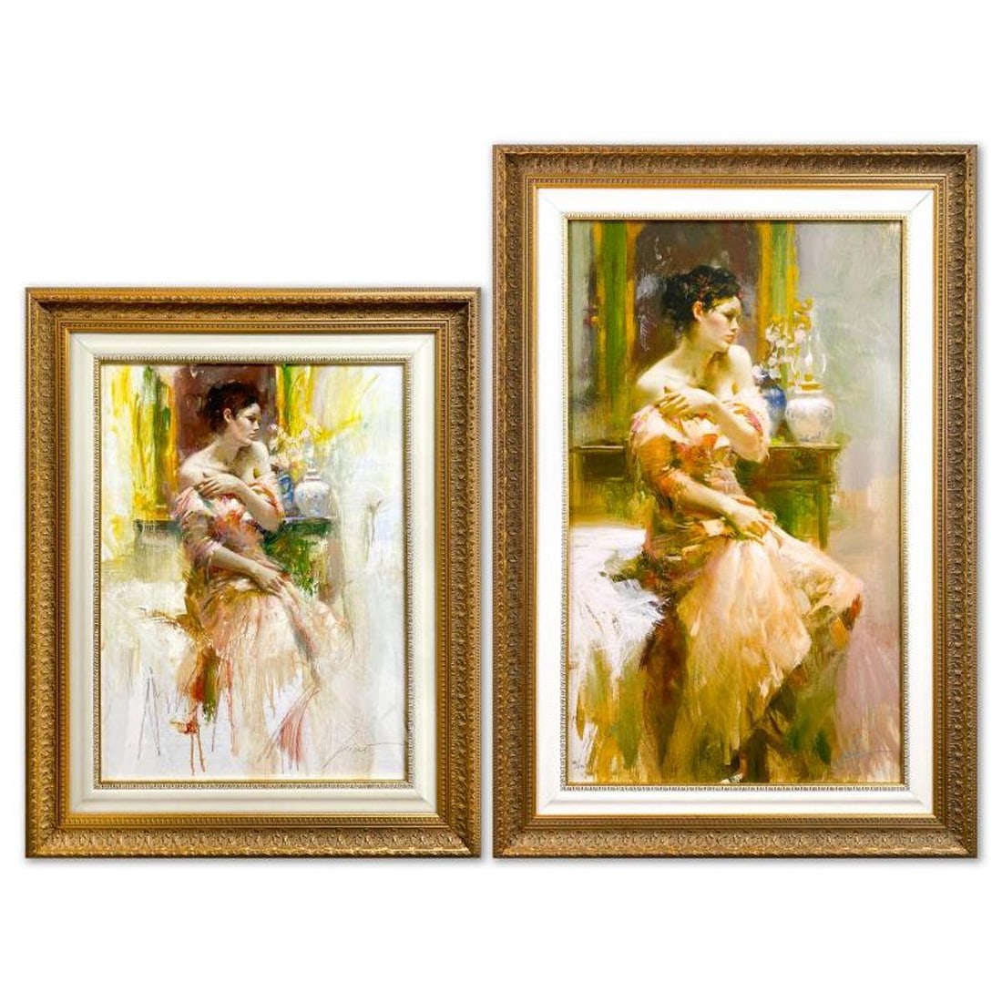 Pino (1939-2010), "Silk Taffeta Set" Framed Original Oil Painting on Board with Matching Limited: Silk Taffeta Set includes an original oil painting on board with a matching limited edition on canvas by Pino (1939-2010). Both pieces are hand signed by the artist and the limited edition is numbered