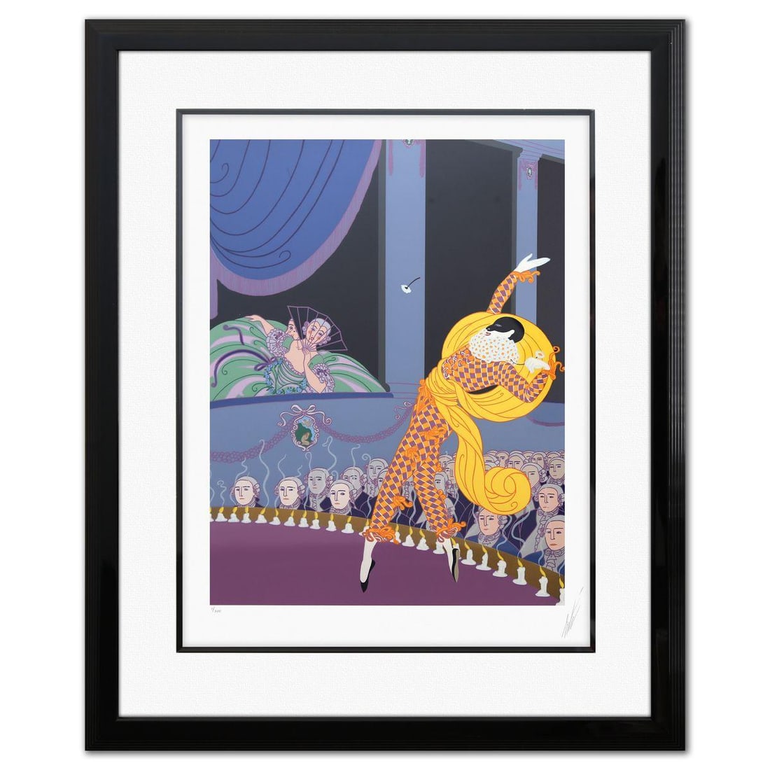 Erte- Screenprint in colors "Harlequin": Artist: Erte. Medium: Screenprint in colors. Title: Harlequin. Size: 27" x 21". Measures approx. 37" x 30" (framed). Signature: Hand signed and numbered. Certificate of Authenticity: Is included. Addi