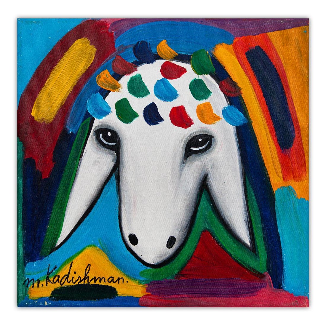 Menashe Kadishman- Original Acrylic on Canvas "Untitled": Artist: Menashe Kadishman. Medium: Original Acrylic on Canvas. Title: Untitled. Size: 12" x 12". Signature: Hand Signed by the artist. Certificate of Authenticity: Is included. Additional: Stretched a