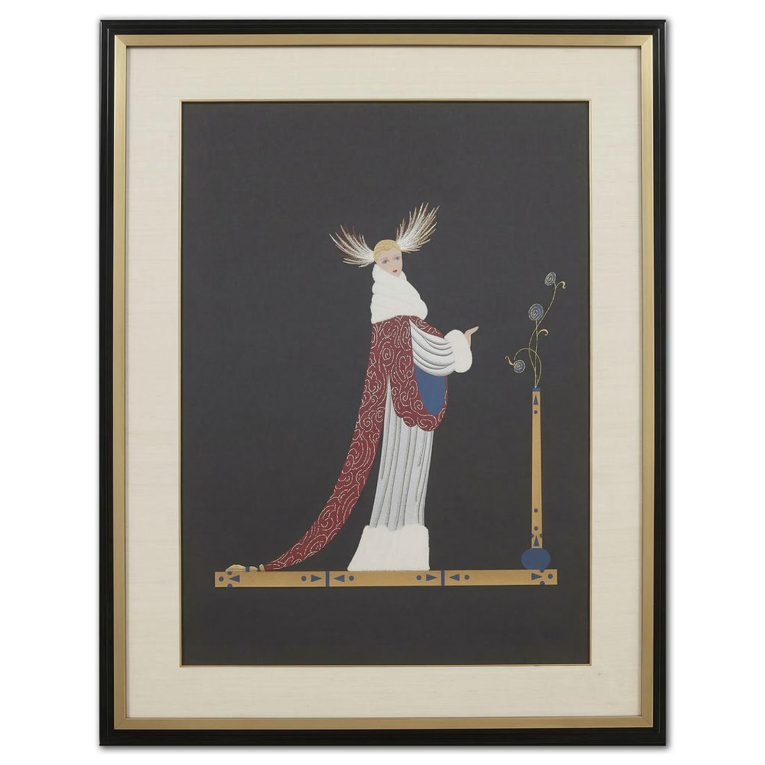 Erte- Screenprint in colors "Ermine Brocade": Artist: Erte. Medium: Screenprint in colors. Title: Ermine Brocade. Size: 39" x 28". Measures approx. 51" x 41" (framed). Signature: Hand signed and numbered. Certificate of Authenticity: Is included.