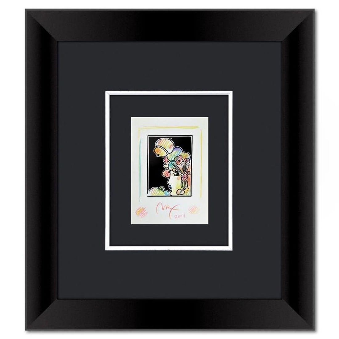 Peter Max, Framed One-of-a-Kind Mixed Media, Hand Signed with Registration Number Certifying: This is a one-of-a-kind mixed media on paper, hand signed by Peter Max. The piece comes custom framed with a backside cutout to display Peter Max Studio registration number 338887 certifying authentic