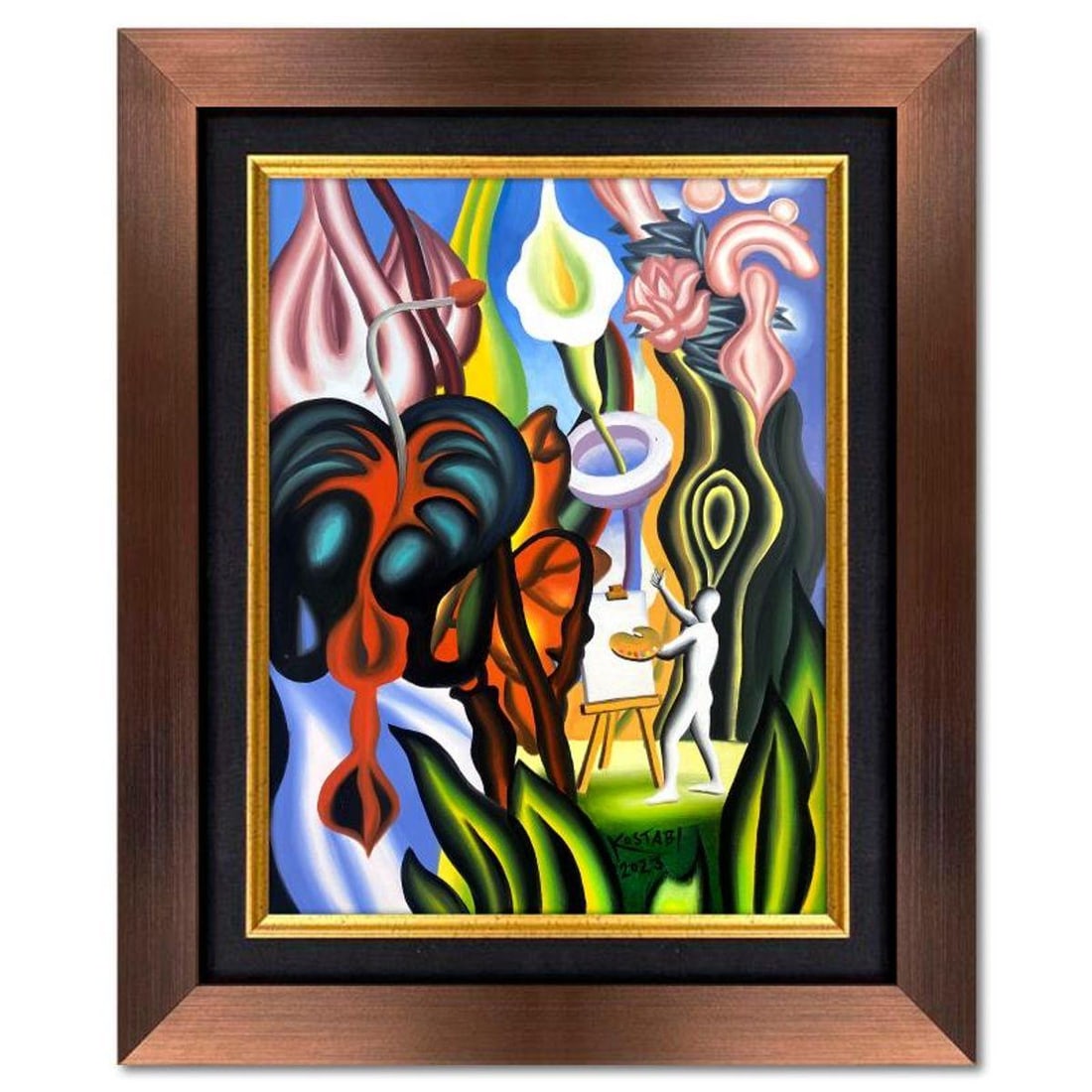 Mark Kostabi, "The Garden of Imagination" Framed Original Oil Painting on Canvas, Hand Signed with (1 of 3)