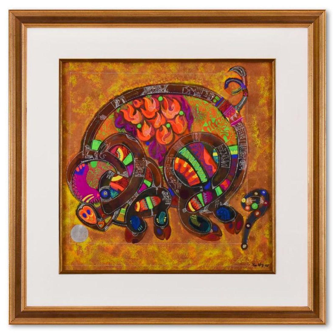 Lu Hong, "Fire Pig (1997)" Framed Original Mixed Media Painting, Hand Signed with Letter of (1 of 2)