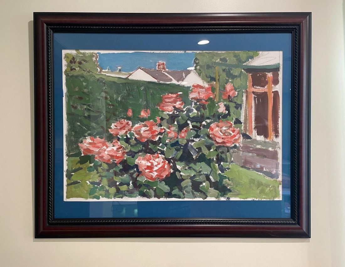 Boris Tyomkin- Acrylic on paper "Rosebush in Summer Sun": Artist: Boris Tyomkin. Medium: Acrylic on paper. Title: Rosebush in Summer Sun. Size: 16" x 25". Signature: Hand Signed by the artist. Reference#: 55267.