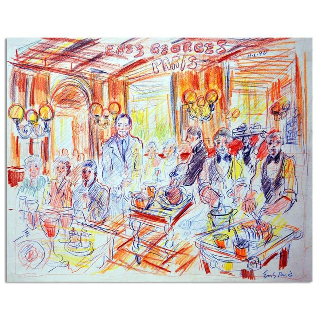 Wayne Ensrud, "Chez Georges Restaurant In Paris" Mixed Media Original Artwork with COA.: Chez Georges Restaurant In Paris is an original Mixed Media on Paper by Wayne Ensrud. The piece is hand signed by the artist and comes with a Certificate of Authenticity. Measures approximately 14" x