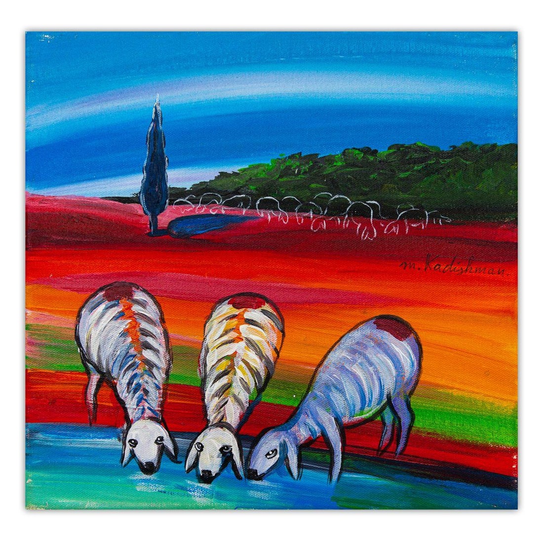 Menashe Kadishman- Original Acrylic on Canvas "Untitled": Artist: Menashe Kadishman. Medium: Original Acrylic on Canvas. Title: Untitled. Size: 12" x 12". Signature: Hand Signed by the artist. Certificate of Authenticity: Is included. Additional: Stretched a