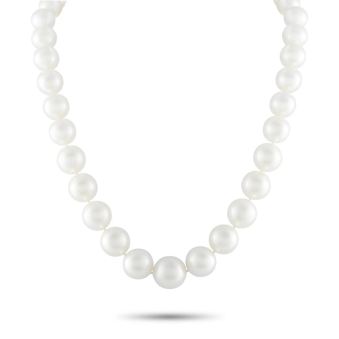 PEARL NECKLACE: This pearl necklace is an instant classic. Chic and timeless, this single strand necklace includes a screw clasp accented by sparkling gemstones. It measures 17.0 long and the pearls range from 12.5 -