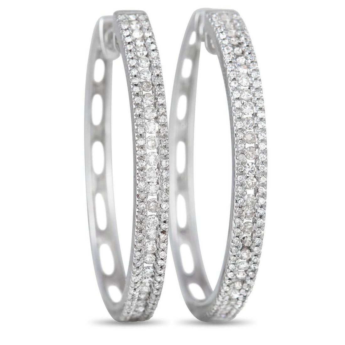 14K WHITE GOLD 3-ROW 1.06 CARAT VS1 G COLOR DIAMOND HOOP EARRINGS: The prestigious sheen of 14K white gold and the alluring glisten of diamonds harmoniously combine into creating a wonderfully sophisticated sight in these stunning hoop earrings. The pair weighs 14.7