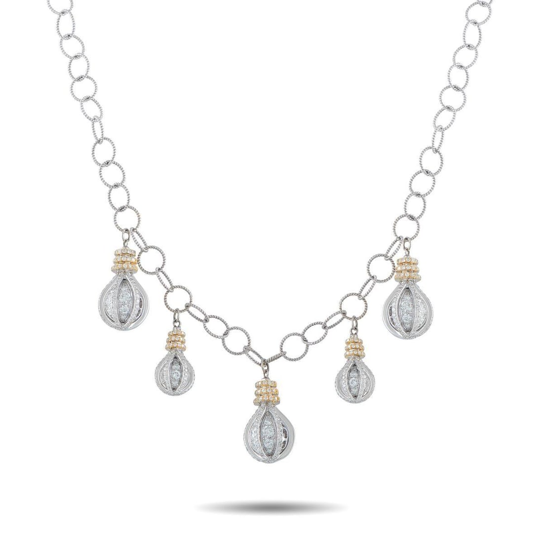 18K WHITE AND YELLOW GOLD 3.25CT DIAMOND NECKLACE: This luxury necklace features a delicate, airy design that will complement any ensemble. On this elegant accessory, a series of bulb-shaped pendants set in a combination of 18K Yellow Gold and 18K Whi