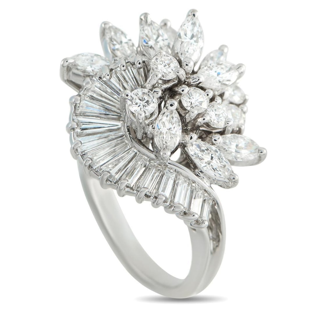 14K WHITE GOLD 2.5CT DIAMOND RING: Fluidity guides the design of this ring. Instead of a static center, a winding row of baguette diamonds frames a cluster of round and marquise diamonds. This curved line stems from the 2mm white gold