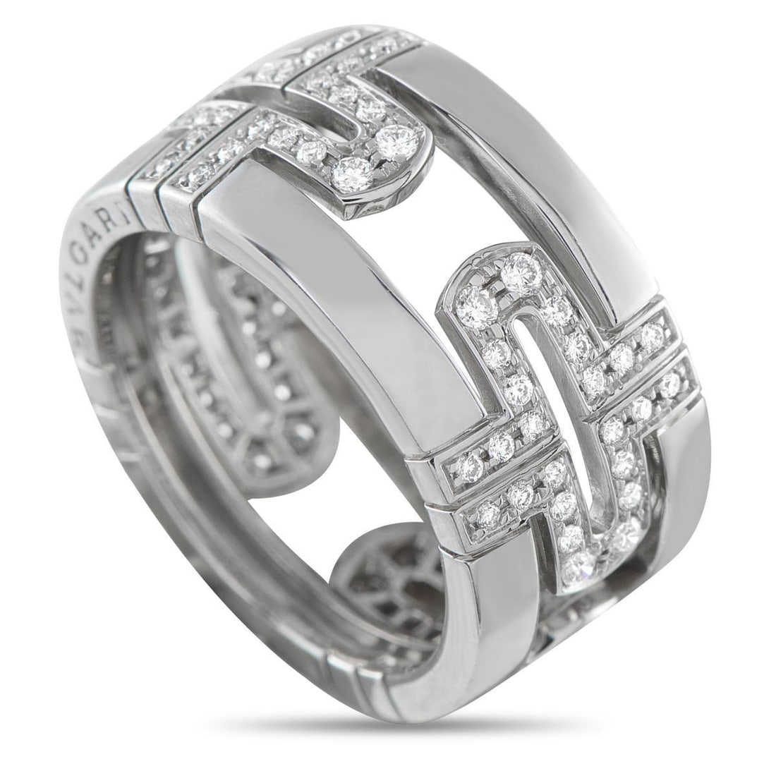 BVLGARI PARENTESI 18K WHITE GOLD 0.72CT DIAMOND RING: This Bvlgari Parentesi ring is crafted in 18K white gold and features a 14mm wide-band form. Signature bracket-shaped Parentesi motifs repeat across the openworked center, creating a structured patter