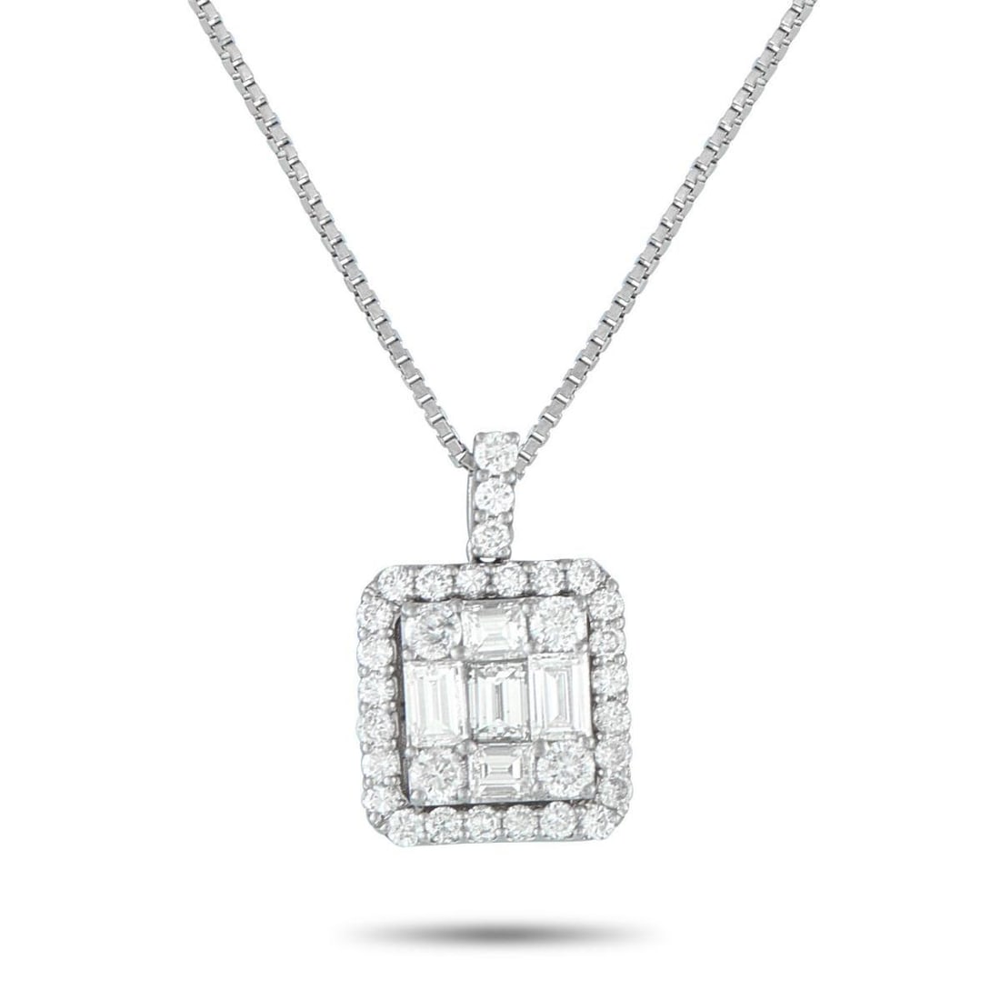 PLATINUM 1.10CT DIAMOND SQUARE PENDANT NECKLACE: This piece presents a square take on modern brilliance. It features a platinum box chain measuring 17.5 inches long. The pendant has a square-shaped cluster of step-cut and round diamonds, framed by s
