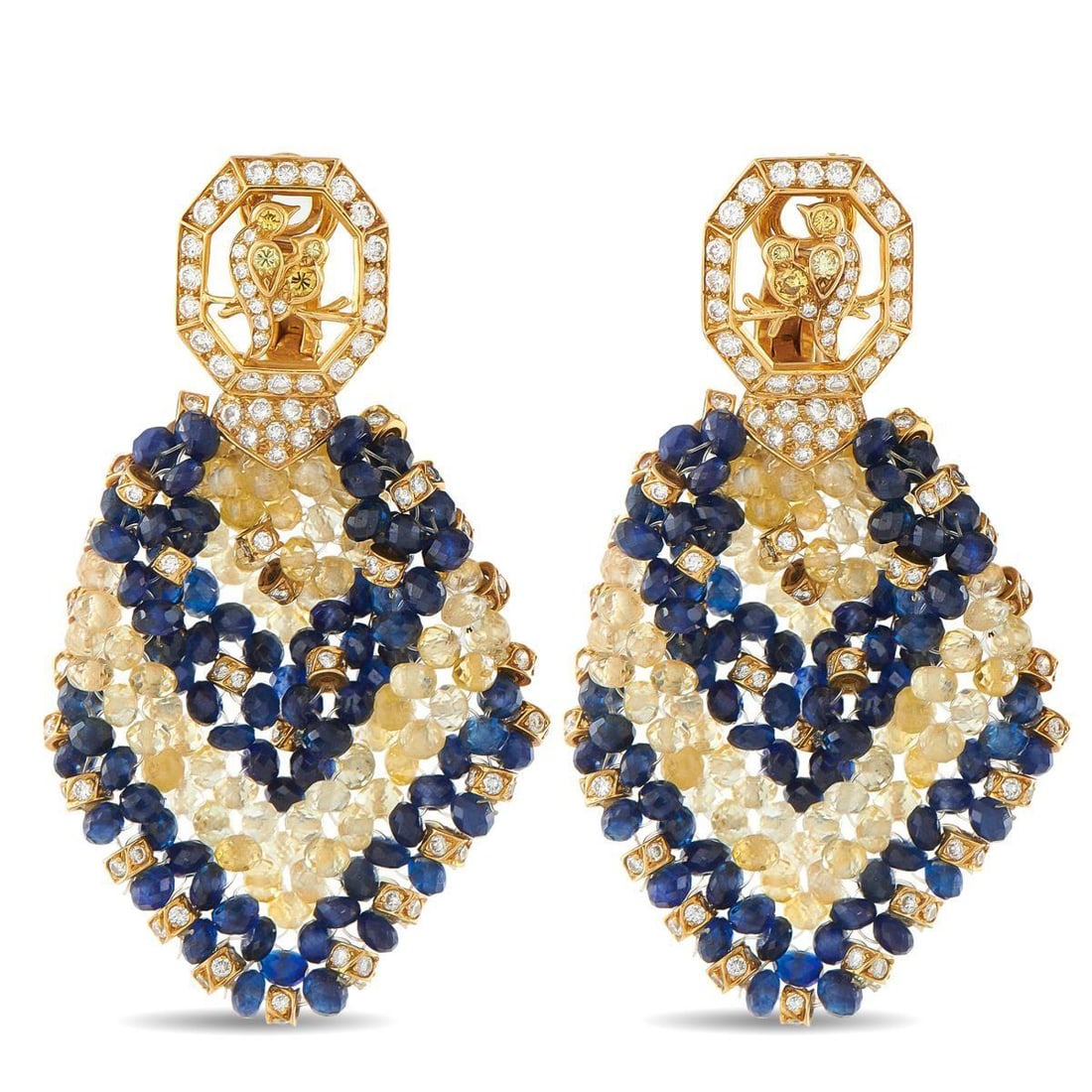 18K YELLOW GOLD 1.68CT DIAMOND AND SAPPHIRE EARRINGS: Bold colors and textures make these luxury earrings impossible to ignore. Diamonds with a total weight of 1.68 carats accent the 18K Yellow Gold settings. Sapphires totaling 30.0 carats come together