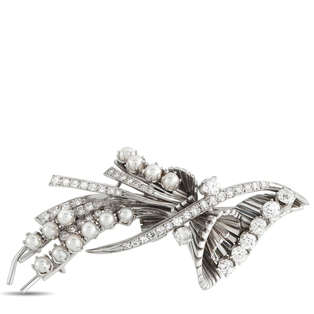 PLATINUM 3.65CT DIAMOND AND PEARL BROOCH (1 of 3)