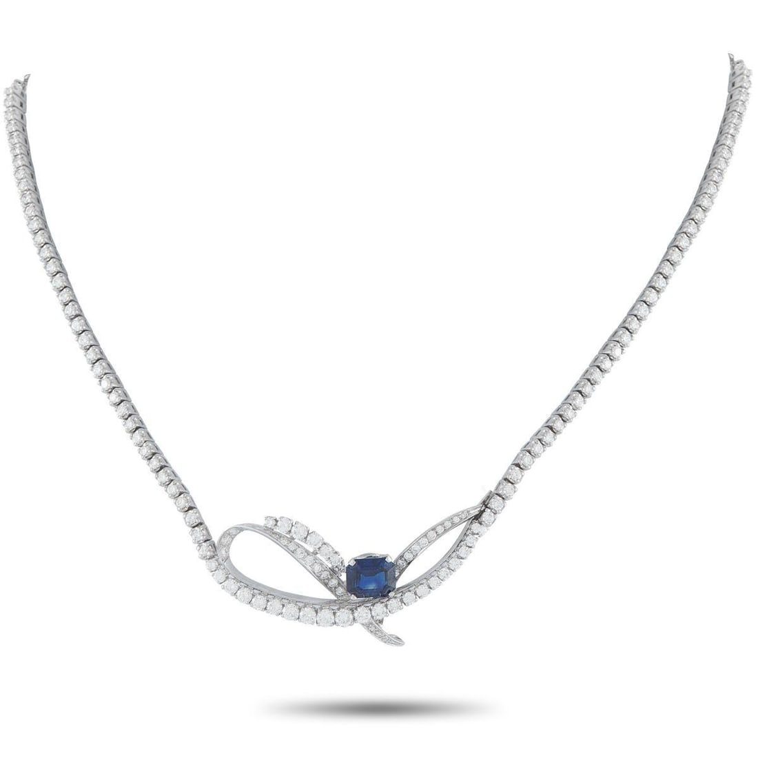 PLATINUM 2.30CT DIAMOND AND SAPPHIRE NECKLACE: Diamonds with a total weight of 2.30 carats make this a dazzling luxury necklace that will continually impress. Its further elevated by a 2.25 carat Sapphire gemstone, which makes a statement at the
