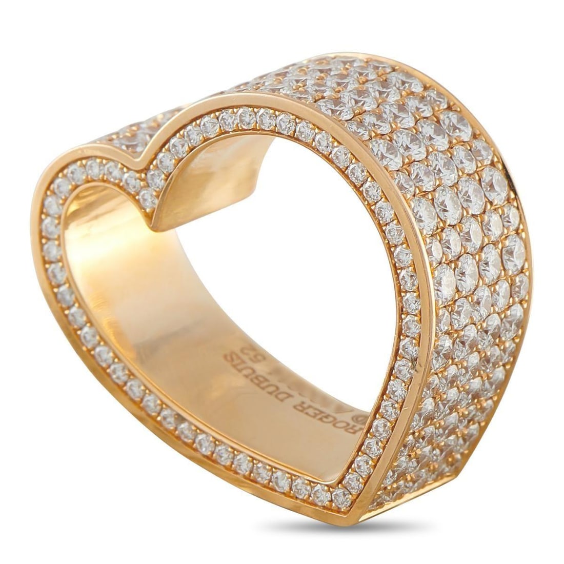 ROGER DUBUIS 18K YELLOW GOLD 5.67CT DIAMOND HEART RING: Put your love on display with this uniquely elegant Roger Dubuis heart ring. Sparkling Diamonds with a total weight of 5.67 carats cover all sides of this charming accessory, allowing it to make a sta