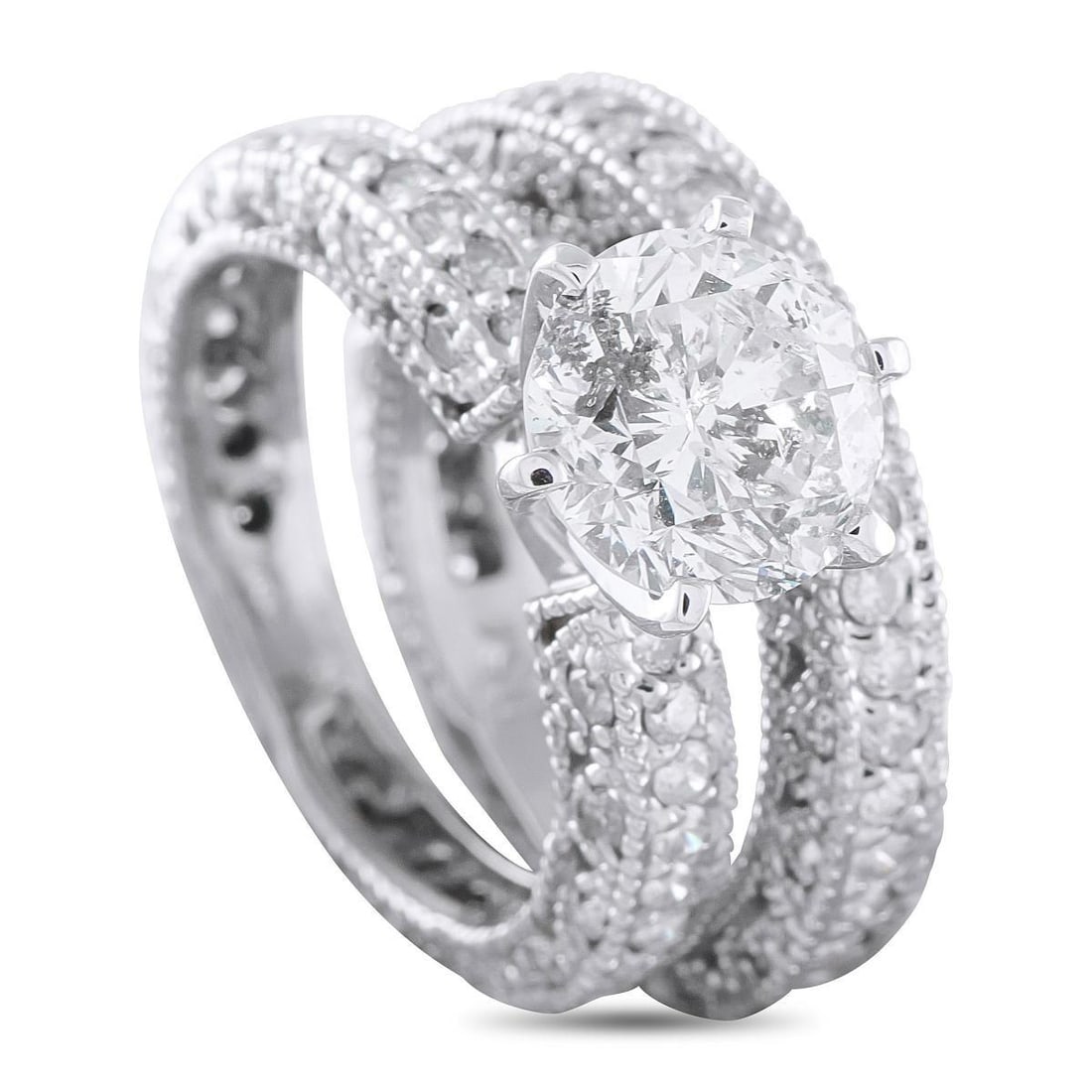 14K WHITE GOLD 4.60CT DIAMOND RING SET: This two-piece ring set pairs together perfectly. A 2.76 carat Diamond center stone effortlessly catches the light, while Diamonds with a total weight of 1.84 carats elevate both the ring and the matc