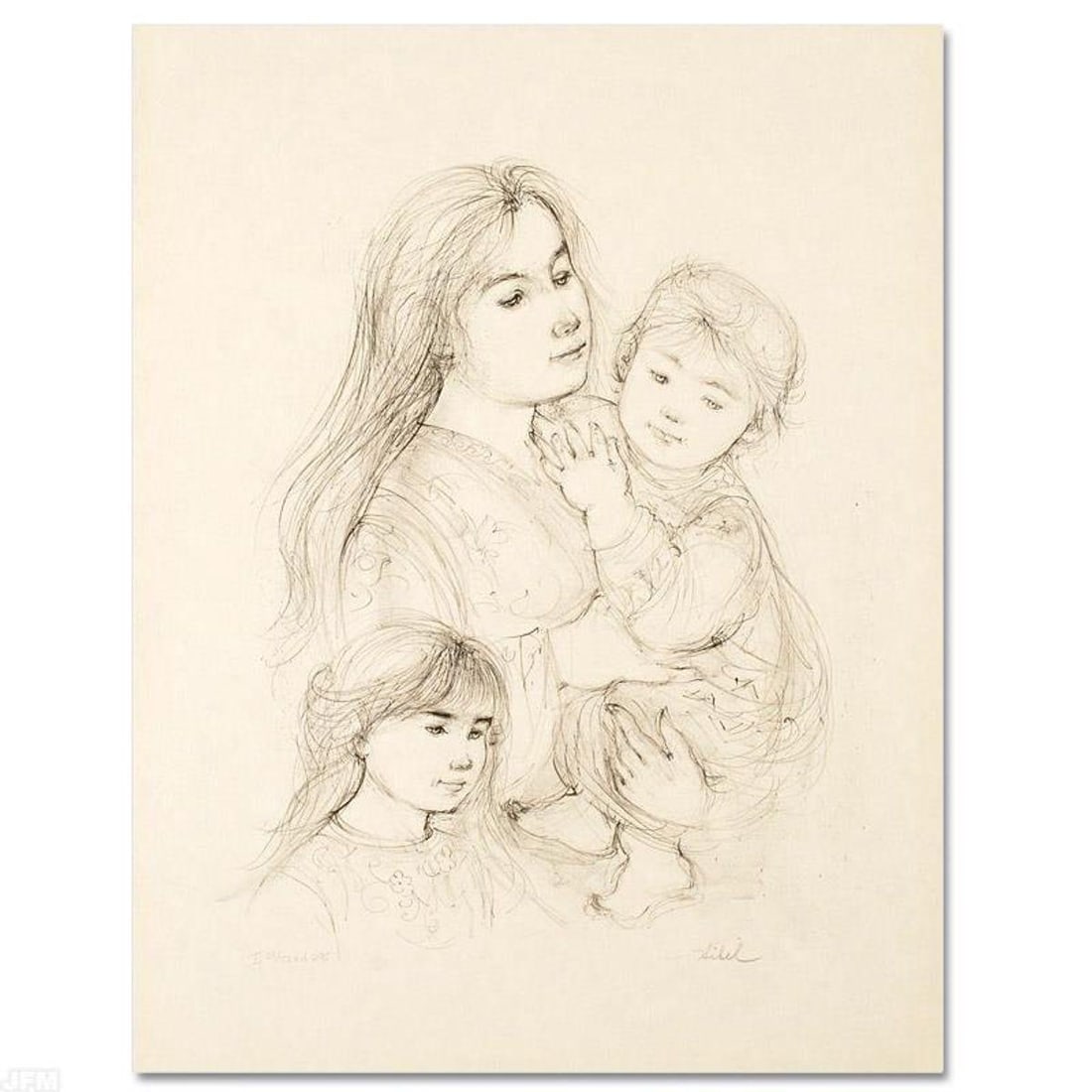 Robert with Mother and Sister Limited Edition Lithograph by Edna Hibel (1917-2014), Numbered and: Wild lines and muted colors make Edna Hibel's art stand out in any room. "Robert with Mother and Sister" is a limited edition lithograph on paper, numbered and hand signed by Hibel (1917-2014). Includ