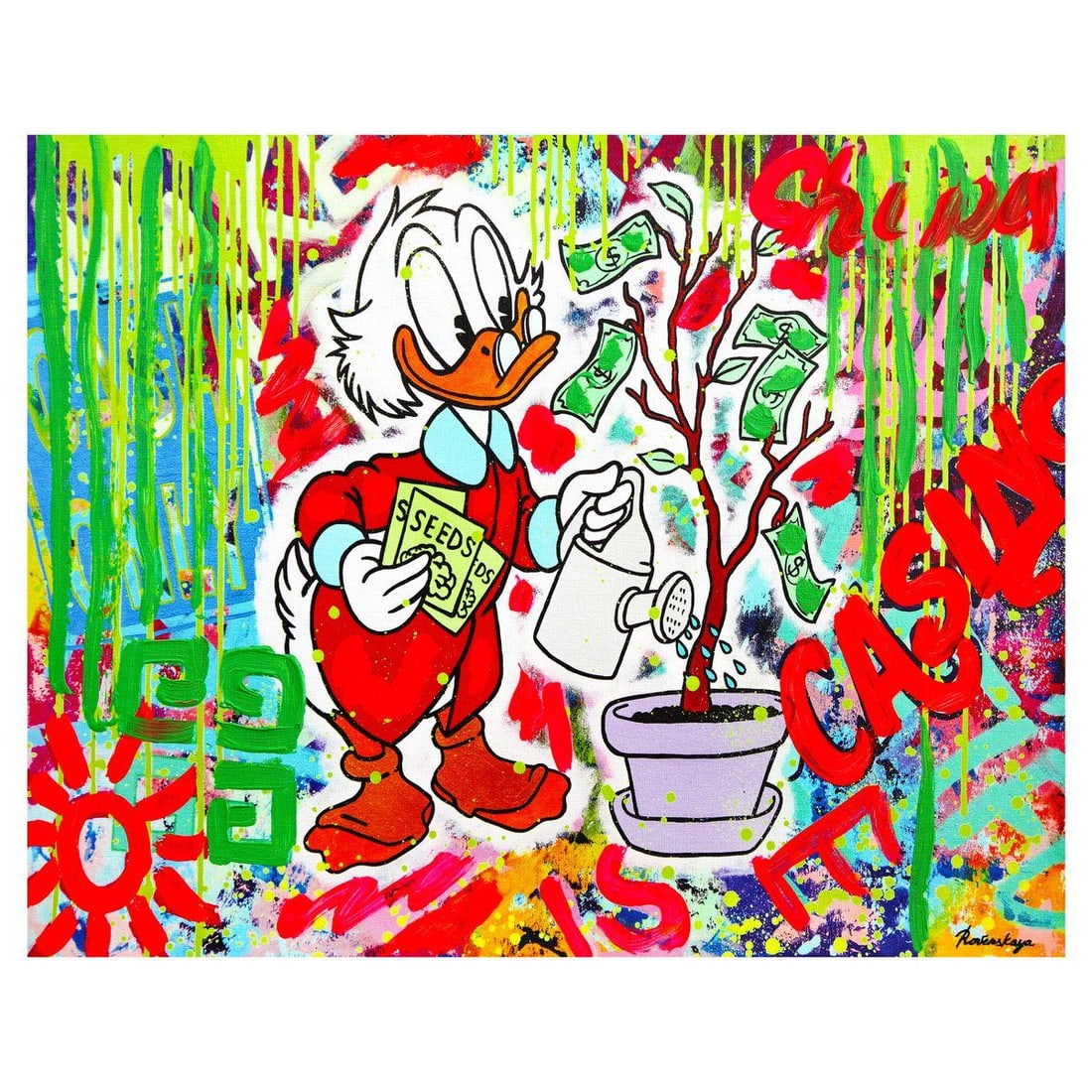 Nastya Rovenskaya- Mixed Media on Canvas "Duck Tales of Love & Loo": Artist: Nastya Rovenskaya. Medium: Mixed Media on Canvas. Title: Duck Tales of Love & Loo. Size: 16" x 20". Signature: Hand signed. Certificate of Authenticity: Is included. Reference#: 49411.