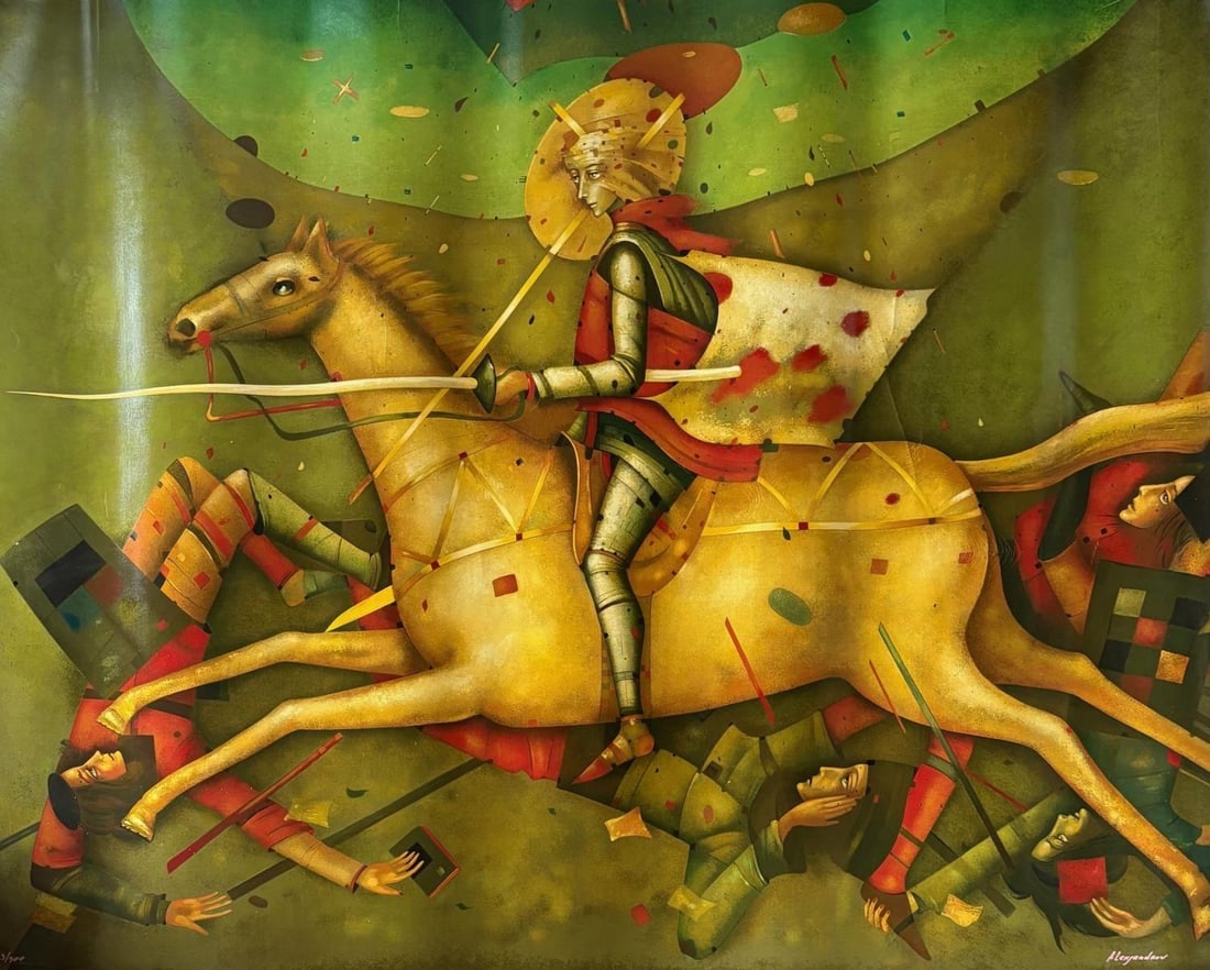 Mihail Aleksandrov- Limited edition Serigraph "The Rider": Artist: Mihail Aleksandrov. Medium: Limited edition Serigraph. Title: The Rider. Size: 60" x 47". Additional: Please note : this item has multiple handling marks in the image and one slight tear in th