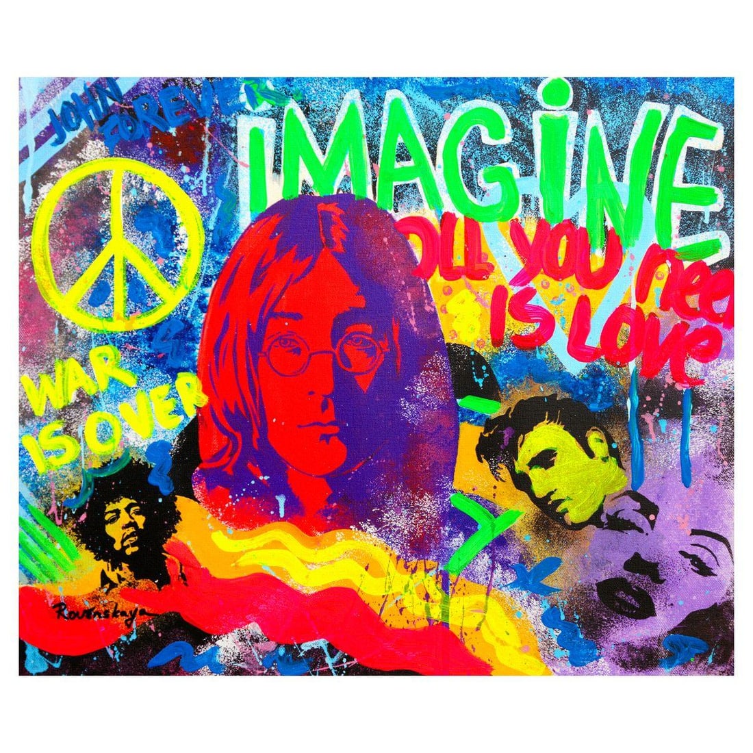 Nastya Rovenskaya- Mixed Media on Canvas "Imagine": Artist: Nastya Rovenskaya. Medium: Mixed Media on Canvas. Title: Imagine. Size: 20" x 24". Signature: Hand signed. Certificate of Authenticity: Is included. Reference#: 49425.