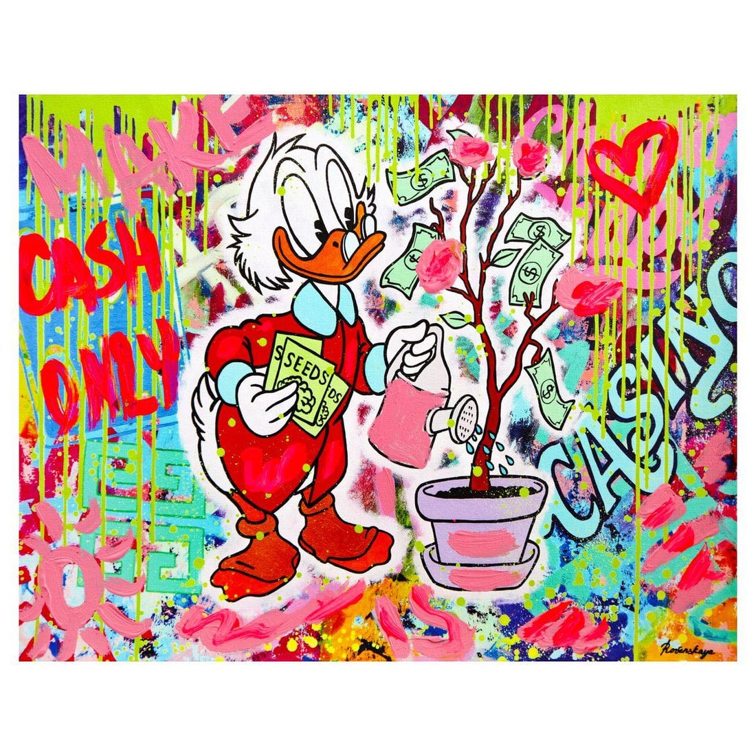Nastya Rovenskaya- Mixed Media on Canvas "Duck Tales of Love & Loo": Artist: Nastya Rovenskaya. Medium: Mixed Media on Canvas. Title: Duck Tales of Love & Loo. Size: 16" x 20". Signature: Hand signed. Certificate of Authenticity: Is included. Reference#: 49414.