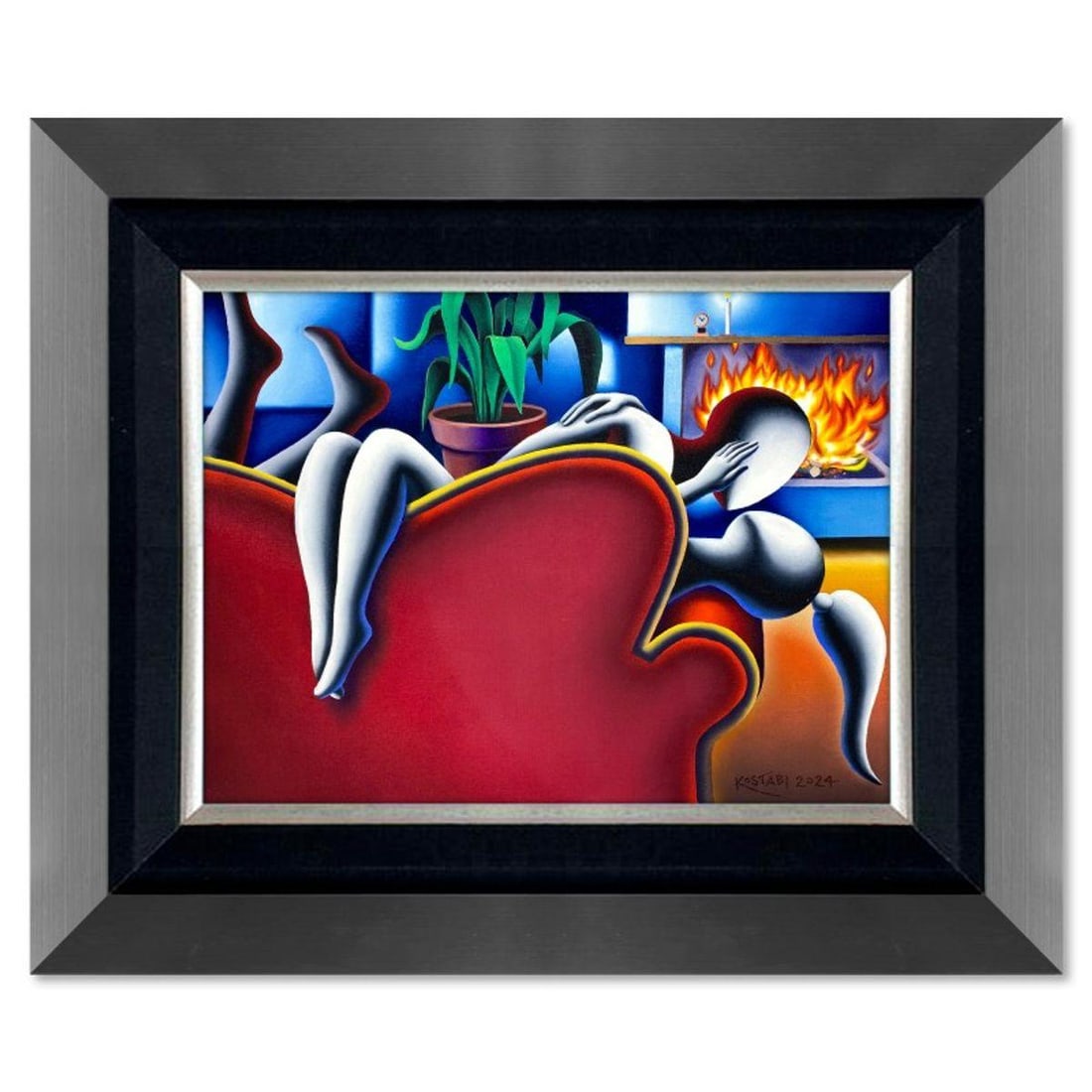 Mark Kostabi, "Flames of Desire" Framed Original Oil Painting on Canvas, Hand Signed with COA: Flames of Desire is an original oil painting on canvas by Mark Kostabi, hand signed by the artist. This piece comes custom framed. Includes Certificate of Authenticity. Measures approx. 27.5" x 33.5" 