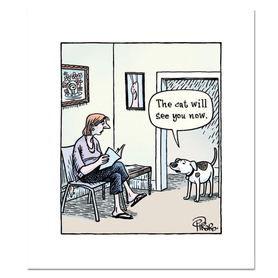 Bizarro, "Cat Waiting Room" Numbered Limited Edition Hand Signed by Creator Dan Piraro; Letter of: Cat Waiting Room is a limited edition giclee on paper by Dan Piraro, creator of the critically acclaimed and award winning comic strip, Bizarro! This piece is numbered and hand signed by the artist an
