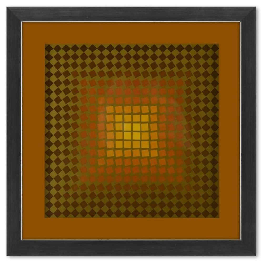 Victor Vasarely (1908-1997), "CTA - 105 - OR de la serie CTA - 102" Framed 1971 Heliogravure Print: CTA - 105 - OR de la serie CTA - 102 is a heliogravure print on paper, published in 1971, by Victor Vasarely (1908-1997). This piece comes custom framed, with a letter of authenticity and with a 1976 