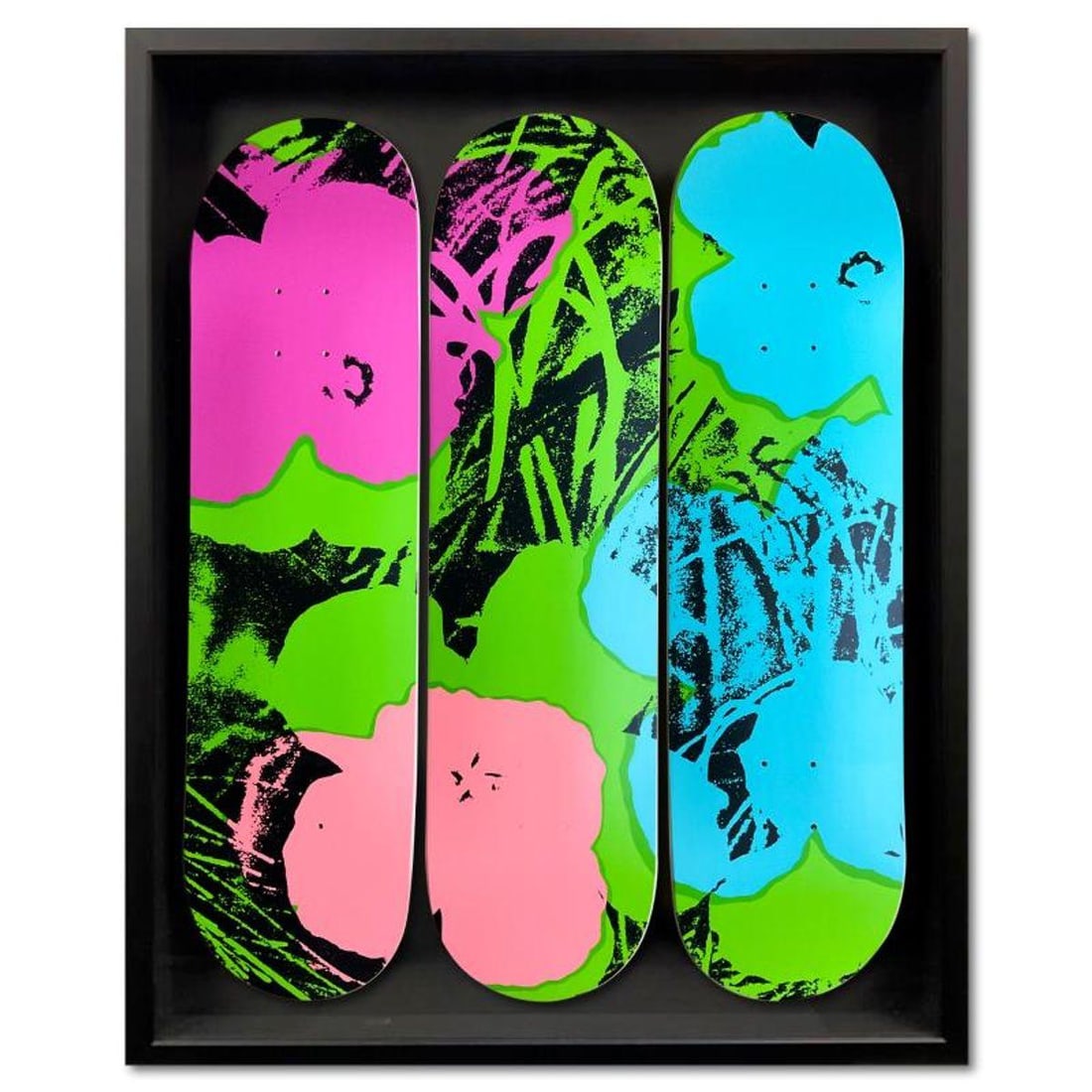 Warhol (1928-1987), "Flowers - Green/Pink" Framed Limited Edition Skateboard Triptych, Numbered and: Flowers - Green/Pink is a limited edition skateboard triptych by Warhol (1928-1987), numbered and bearing the plate signature of the artist inverso. This triptych comes custom framed. Includes Letter 
