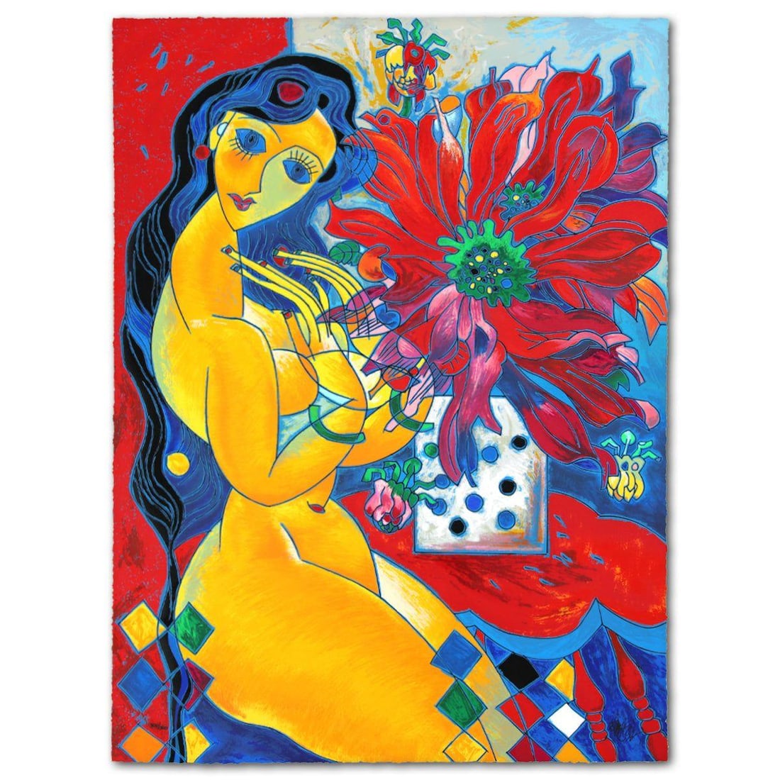 Jian Tie Feng- Silkscreen "Beauty and Flowers": Artist: Jian Tie Feng. Medium: Silkscreen. Title: Beauty and Flowers. Size: 44" x 31". Signature: Hand Signed and Numbered. Reference#: 80533.