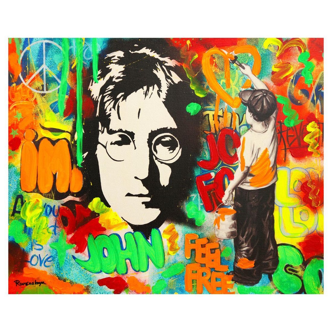 Nastya Rovenskaya- Mixed Media on Canvas "Imagine All The People": Artist: Nastya Rovenskaya. Medium: Mixed Media on Canvas. Title: Imagine All The People. Size: 20" x 24". Signature: Hand signed. Certificate of Authenticity: Is included. Reference#: 49426.
