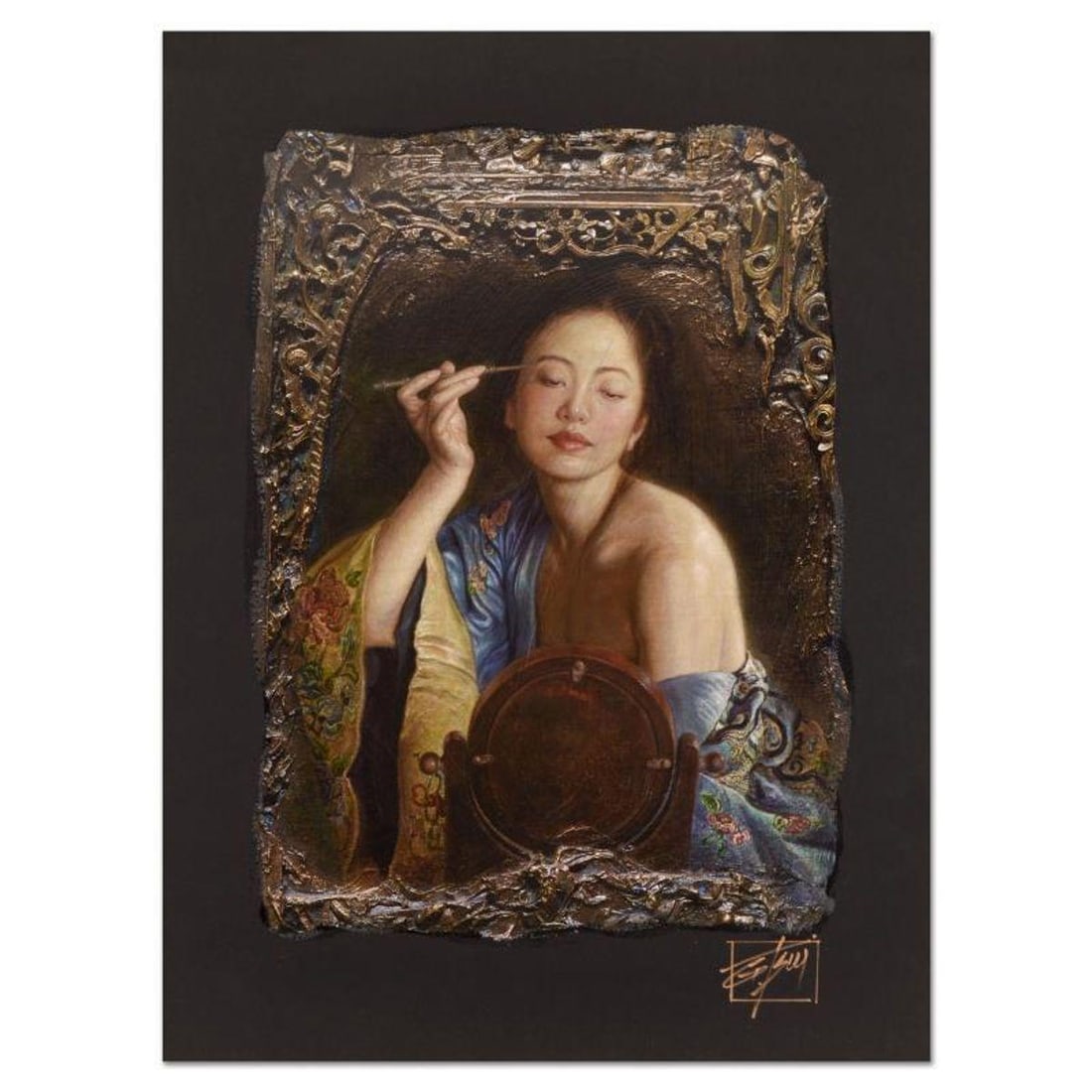 George Tsui, "Painting Eyebrow" Limited Edition Chiarograph, Numbered and Hand Signed with Letter of: Painting Eyebrow is a limited edition chiarograph on black paper by George Tsui, numbered and hand signed by the artist. Includes Letter of Authenticity. Measures approx. 18" x 24" (border); 13" x 20"