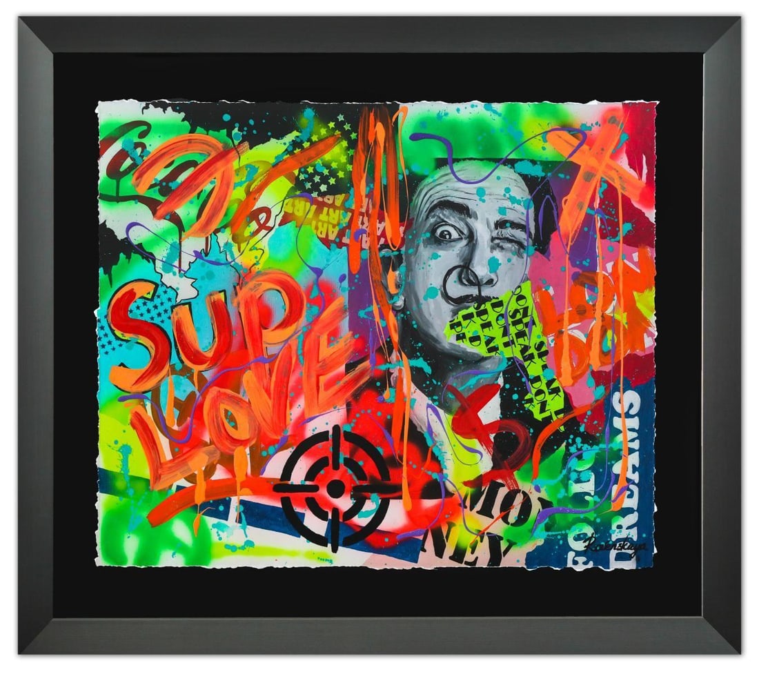 Nastya Rovenskaya- Original Mixed Media on Paper "SUP": Artist: Nastya Rovenskaya. Medium: Original Mixed Media on Paper. Title: SUP. Size: 20" x 24". Measures approx. 27" x 32" (framed). Signature: Hand Signed by the artist. Certificate of Authenticity: F