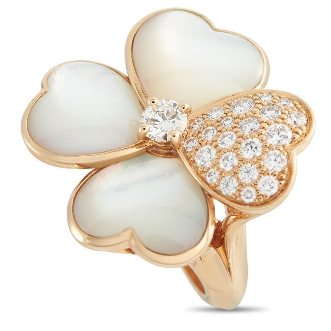 VAN CLEEF & ARPELS COSMOS 18K ROSE GOLD DIAMOND AND MOTHER OF PEARL RING: A stunning flower motif serves as a stunning focal point on this Van Cleef & Arpels Cosmos ring. Mother of Pearl gives the heart-shaped petals a luminous quality, while pav Diamonds and a Diamond cent