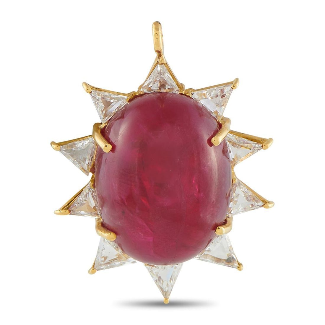 18K YELLOW GOLD 2.54CT DIAMOND AND RUBY PENDANT: Impossible to ignore and certain to invite comment, this pendant commands attention through scale and contrast. A massive 45.15 carat oval cabochon ruby is secured by four slim prongs, its smooth dome