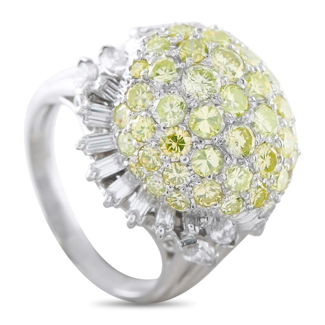 PLATINUM 4.50CT DIAMOND RING: This luxury ring is ideal for any occasion. The dramatic domed setting beautifully showcases a sparkling array of Diamonds, which together possess a total weight of 4.50 carats. Crafted from Platinum,