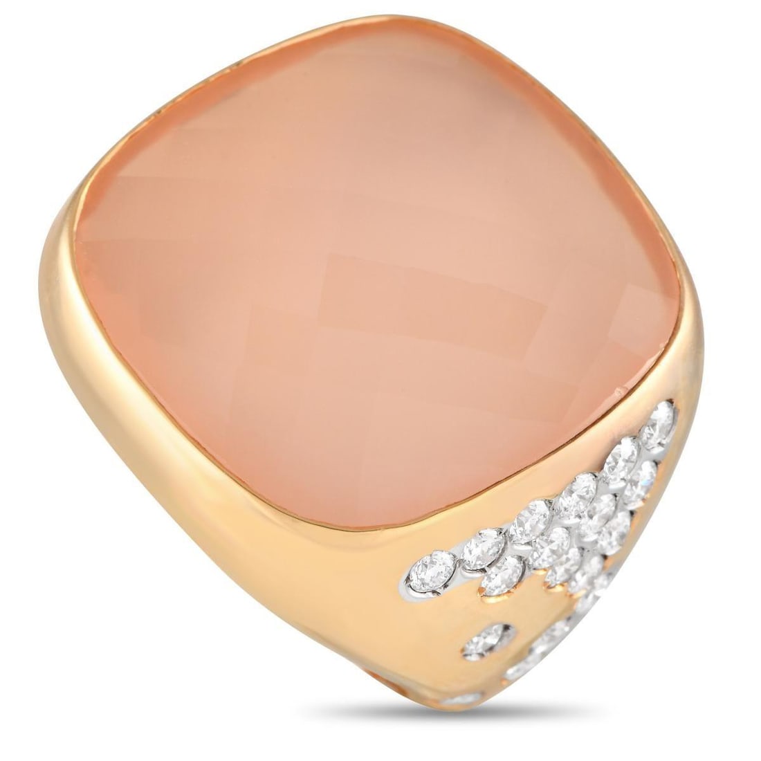 CASATO 18K YELLOW GOLD 0.65CT DIAMOND AND CHALCEDONY RING: Bridging the gap between bold and refined, this cocktail ring from Casato presents a peach chalcedony center stone sitting elegantly on a chunky band. A cluster of brilliant diamonds adorns one of the